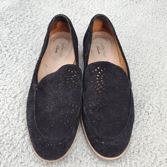 Clarks Women's Loafers Sz 6 Black Suede Laser Cut Comfort Career Office Shoes - Picture 10 of 10
